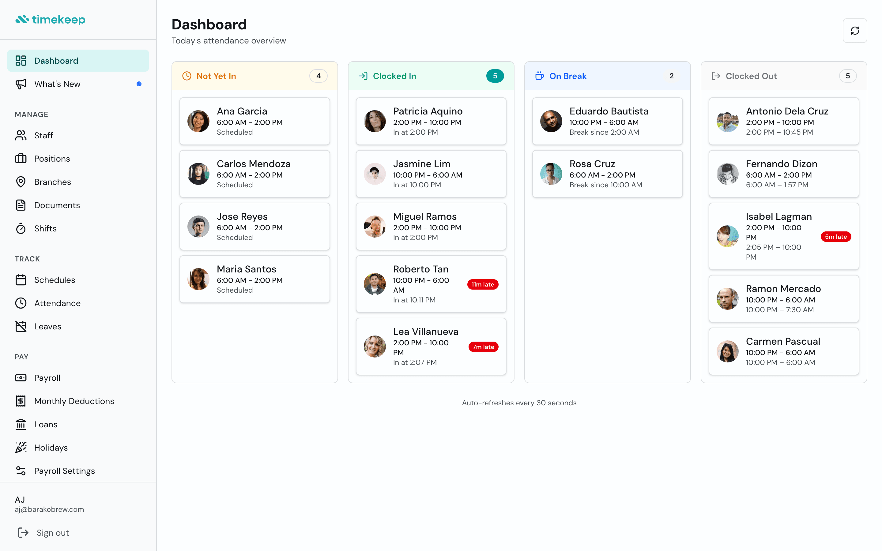 Timekeep dashboard showing real-time attendance board with employee status columns