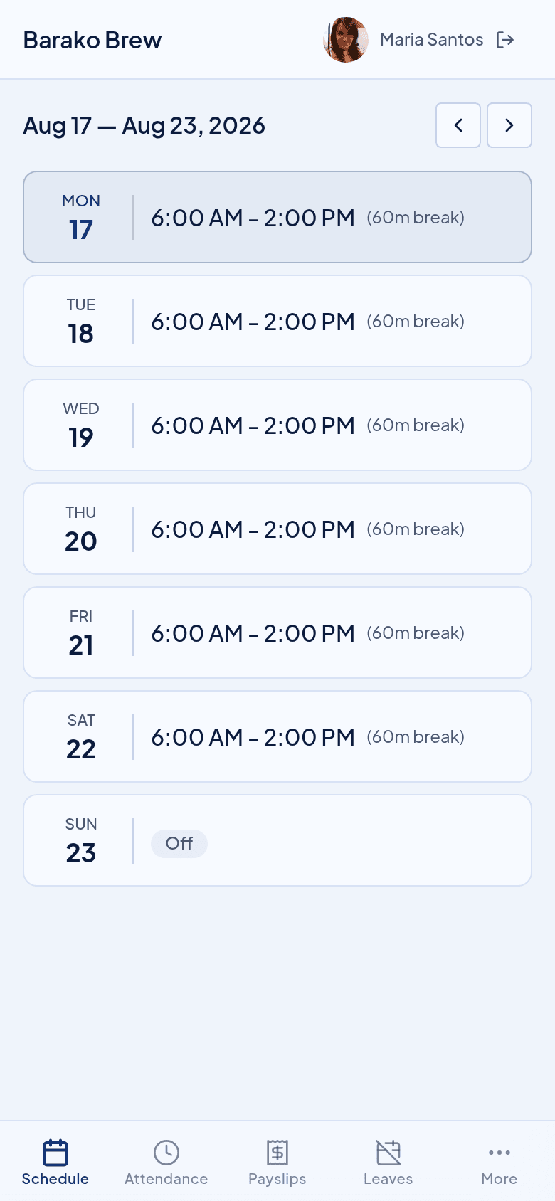 Employee portal schedule view