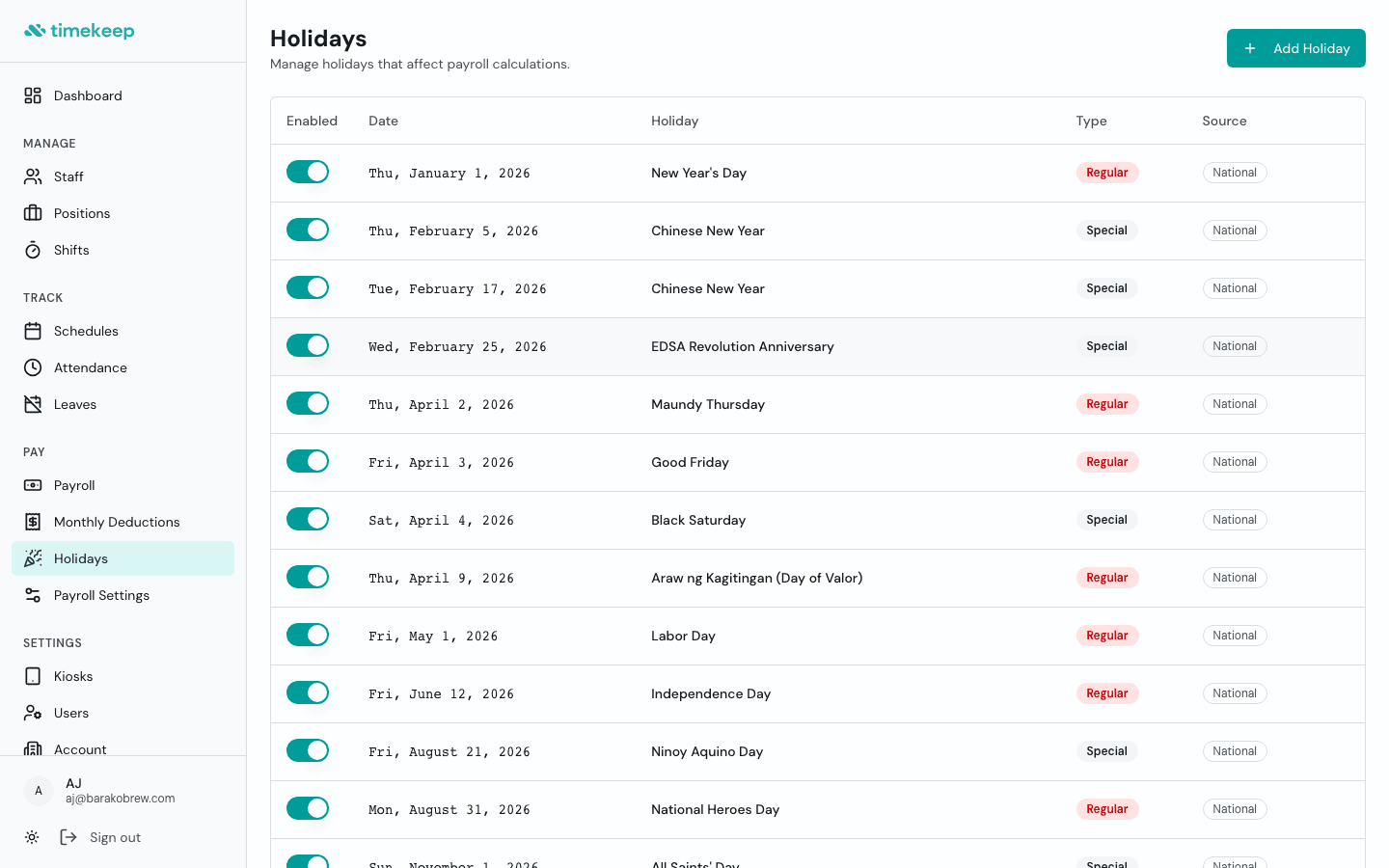 Timekeep holiday calendar showing regular and special non-working holidays