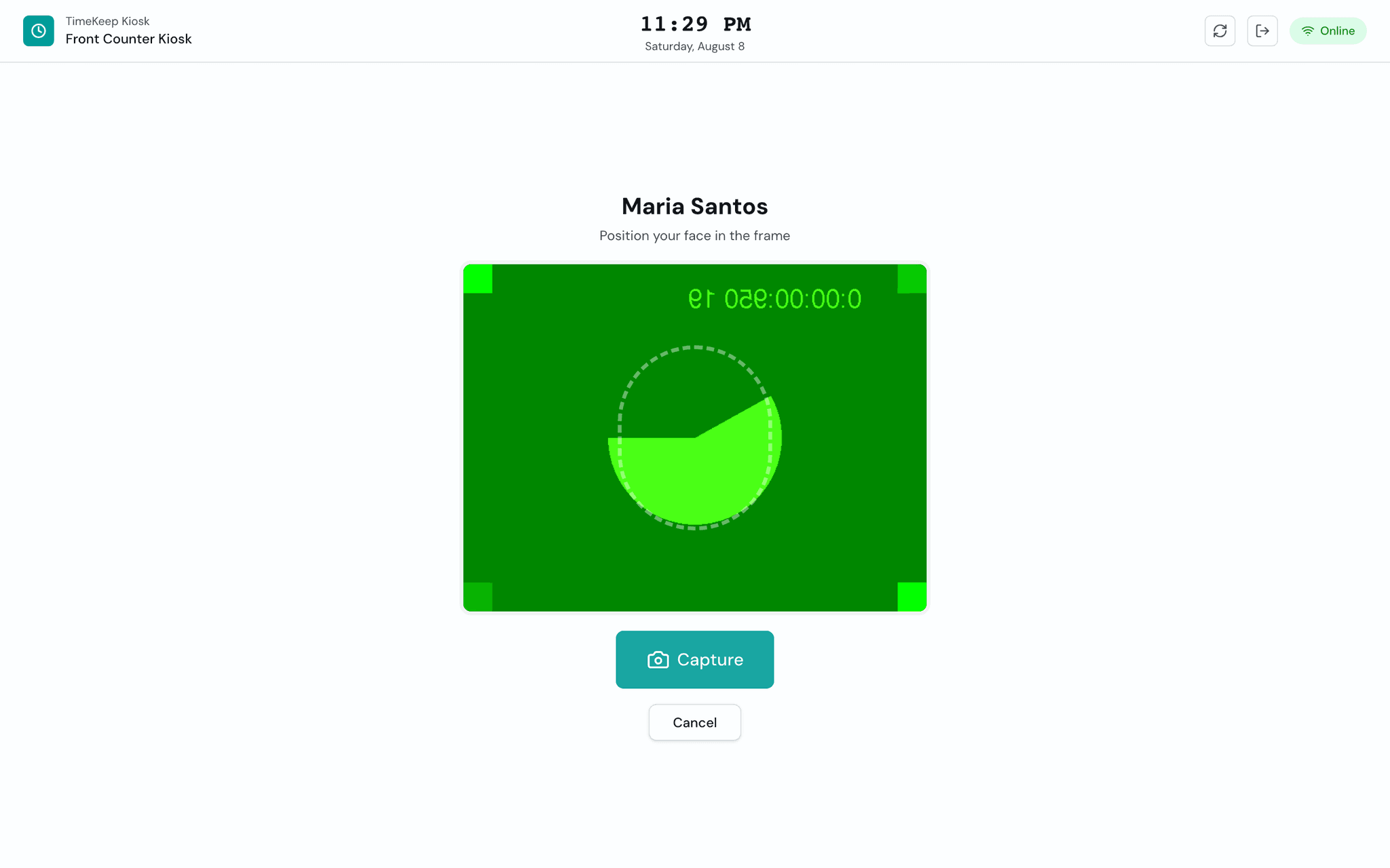 Timekeep kiosk mode showing employee list for clock-in with face verification