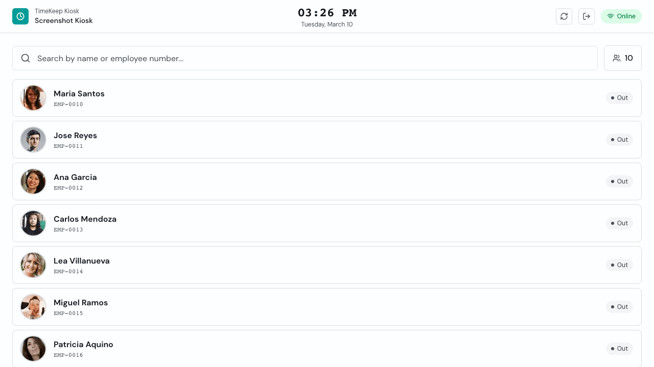 Timekeep kiosk mode showing employee list for clock-in with face verification