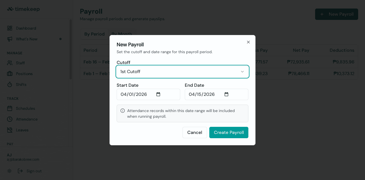 Timekeep new payroll dialog showing cutoff selection and date range