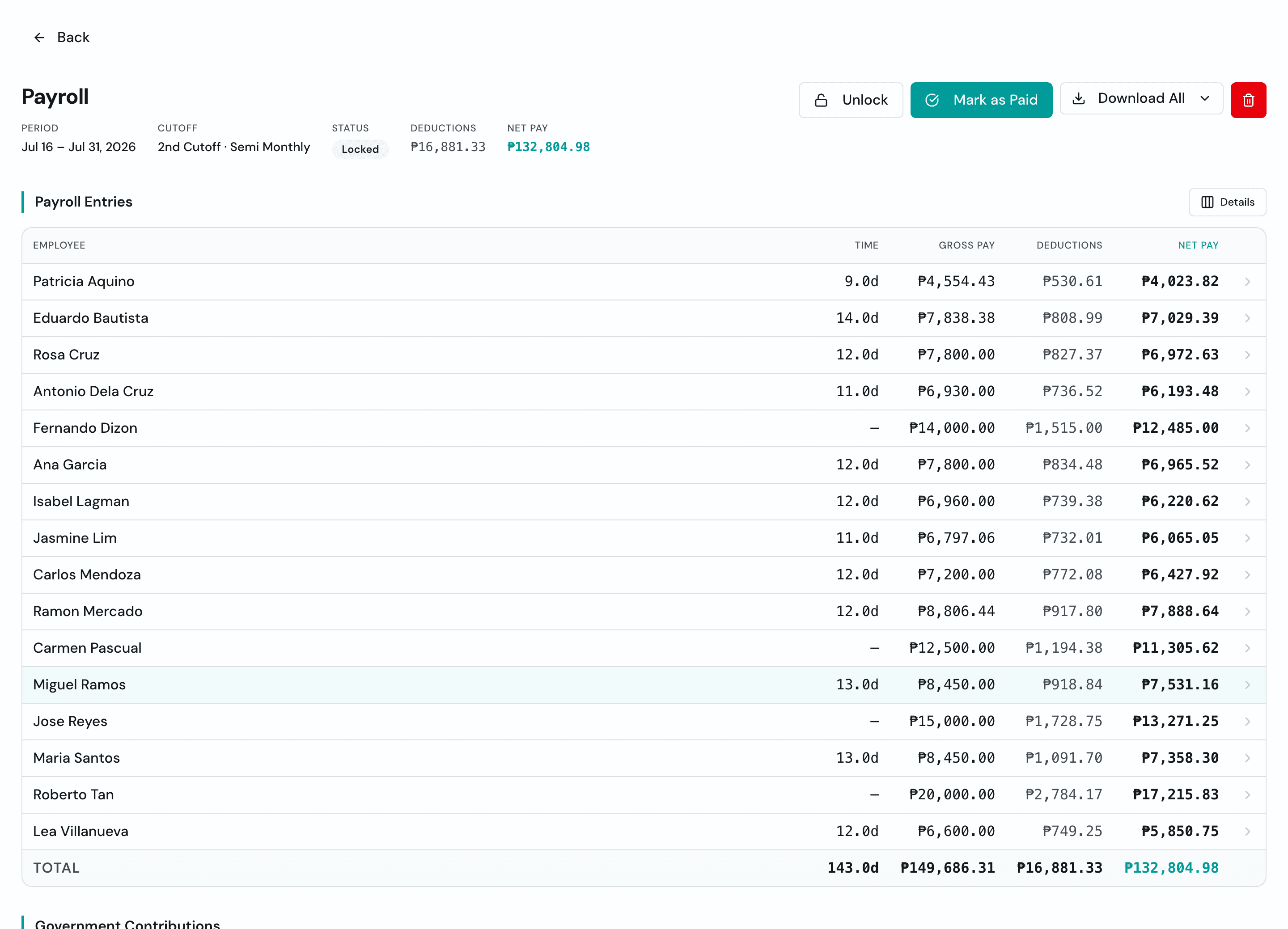 Timekeep payroll breakdown showing employee pay entries with gross pay, deductions, and net pay