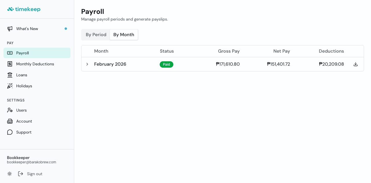 Timekeep bookkeeper payroll view with By Month tab and download icon