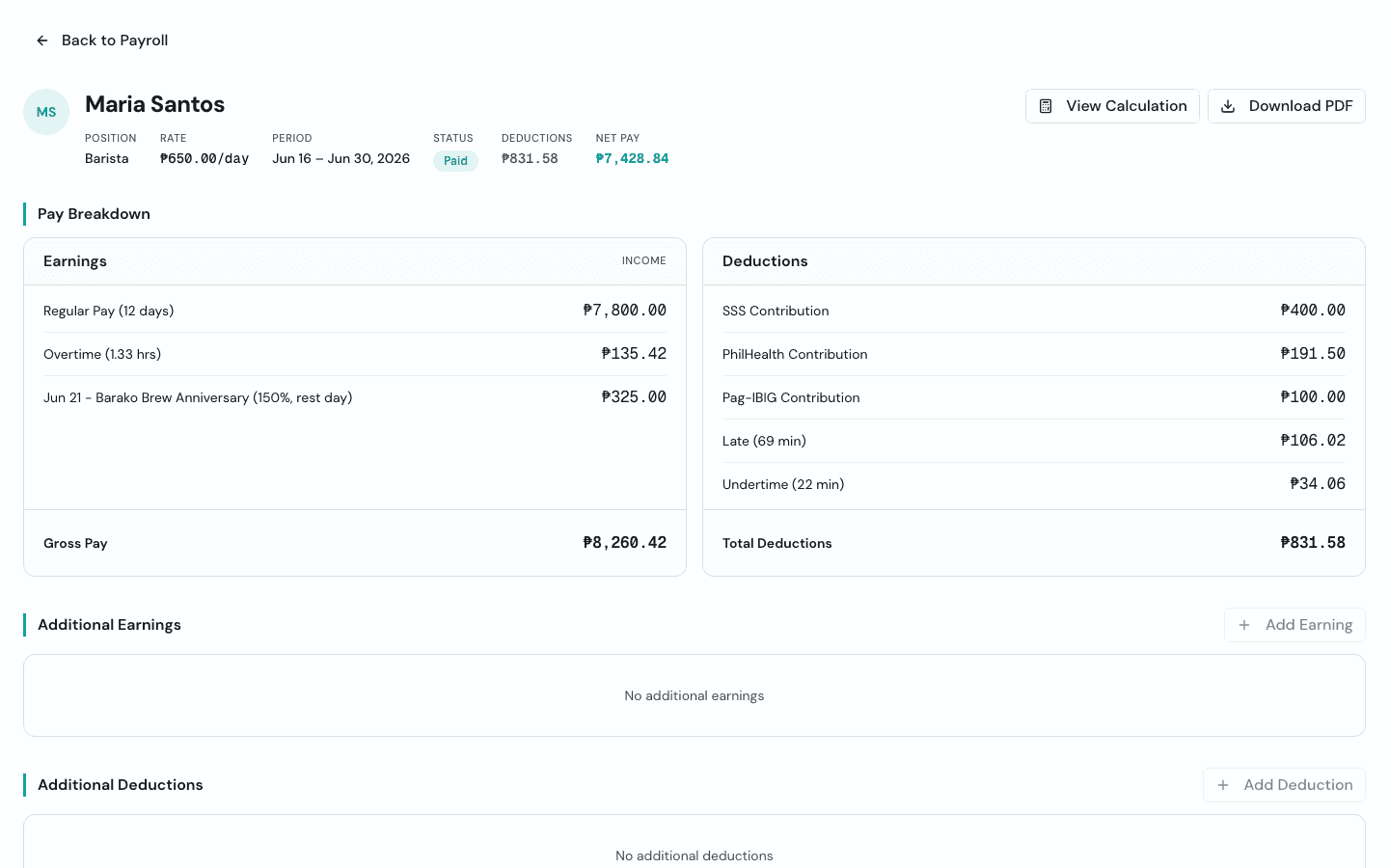 Individual payslip showing earnings and deductions breakdown