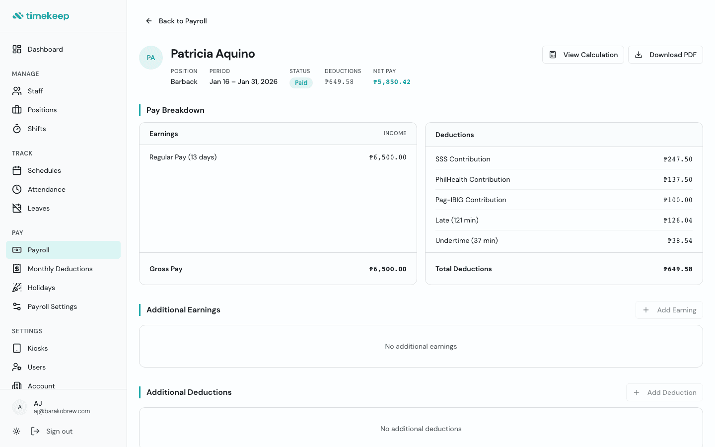 Individual payslip showing earnings and deductions breakdown