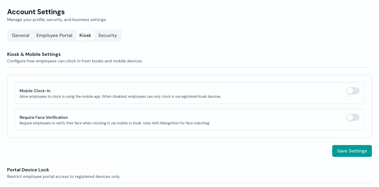 Portal Device Lock setting in Account Settings