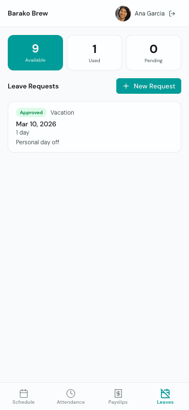 Employee portal leave balances and requests