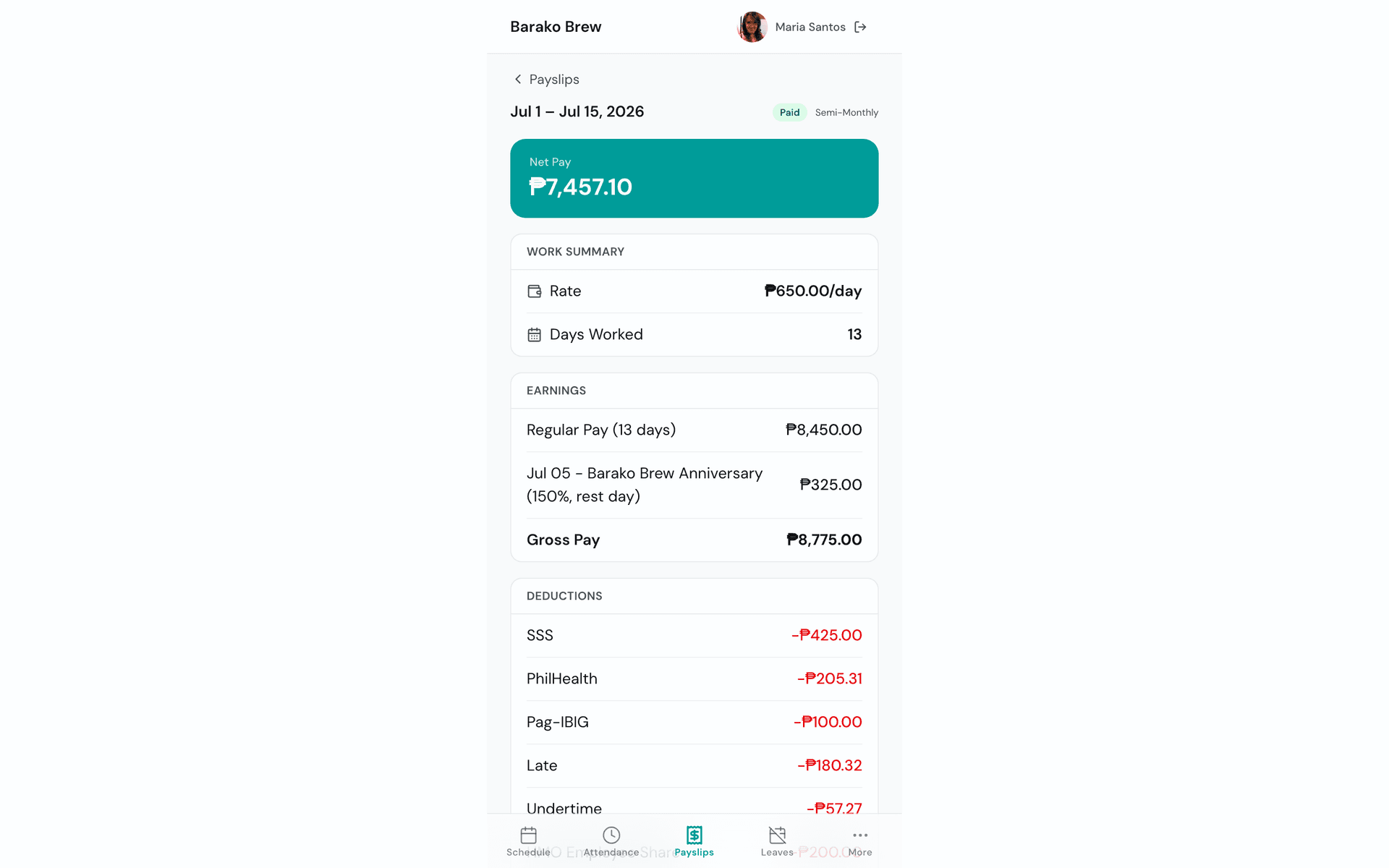 Employee portal payslip detail