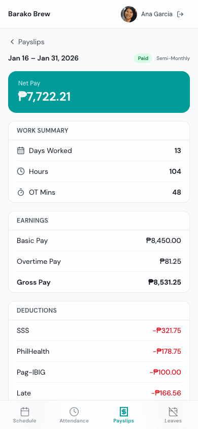 Employee portal payslip detail with earnings and deductions