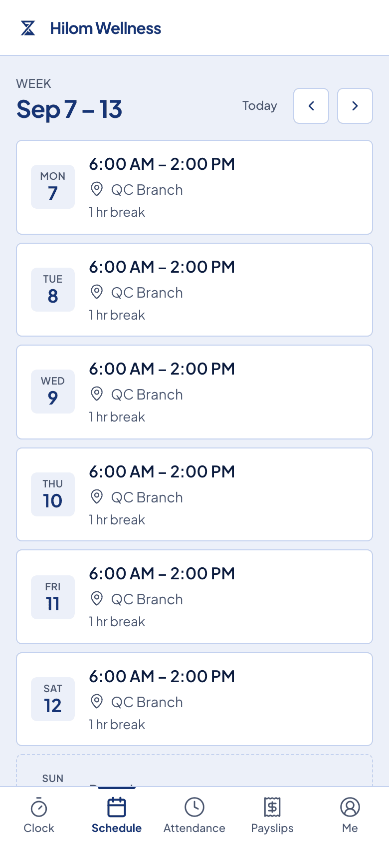 Employee portal on a phone showing this week's schedule