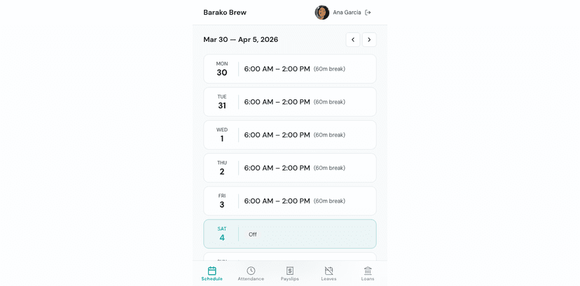Timekeep employee portal showing weekly schedule with shift times and rest days