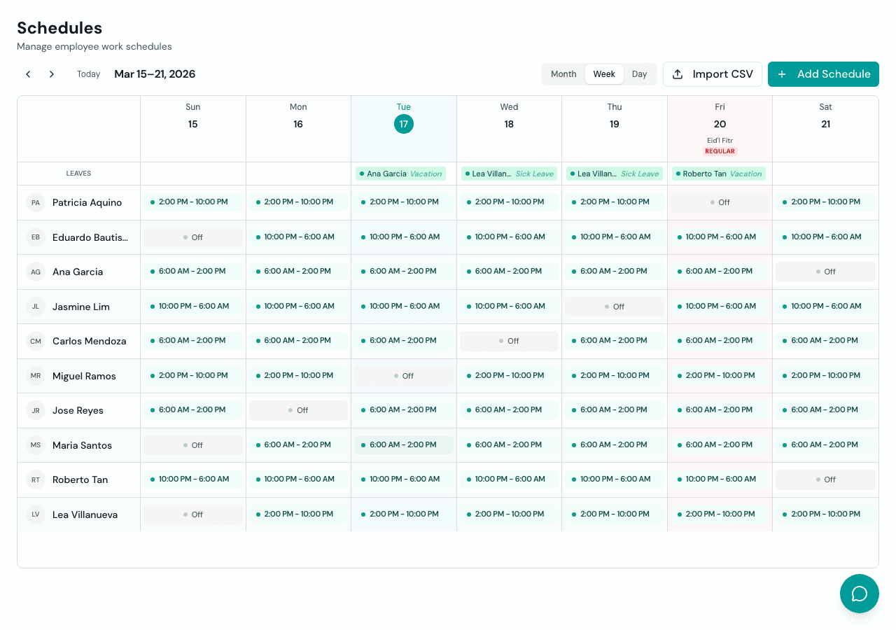 Timekeep weekly schedule view with shifts, rest days, and leaves