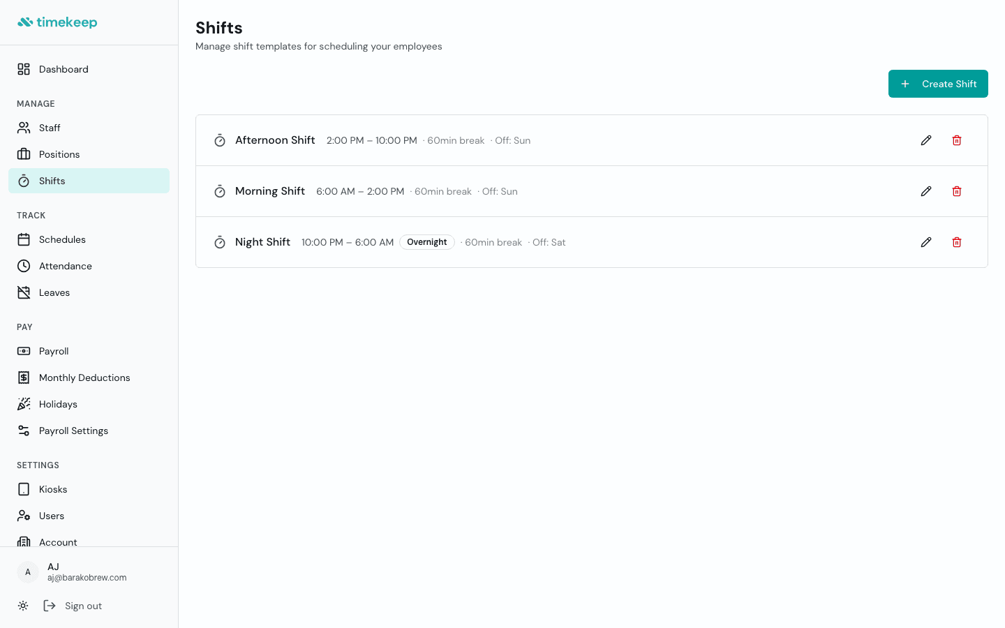 Timekeep shift management showing shift templates with times