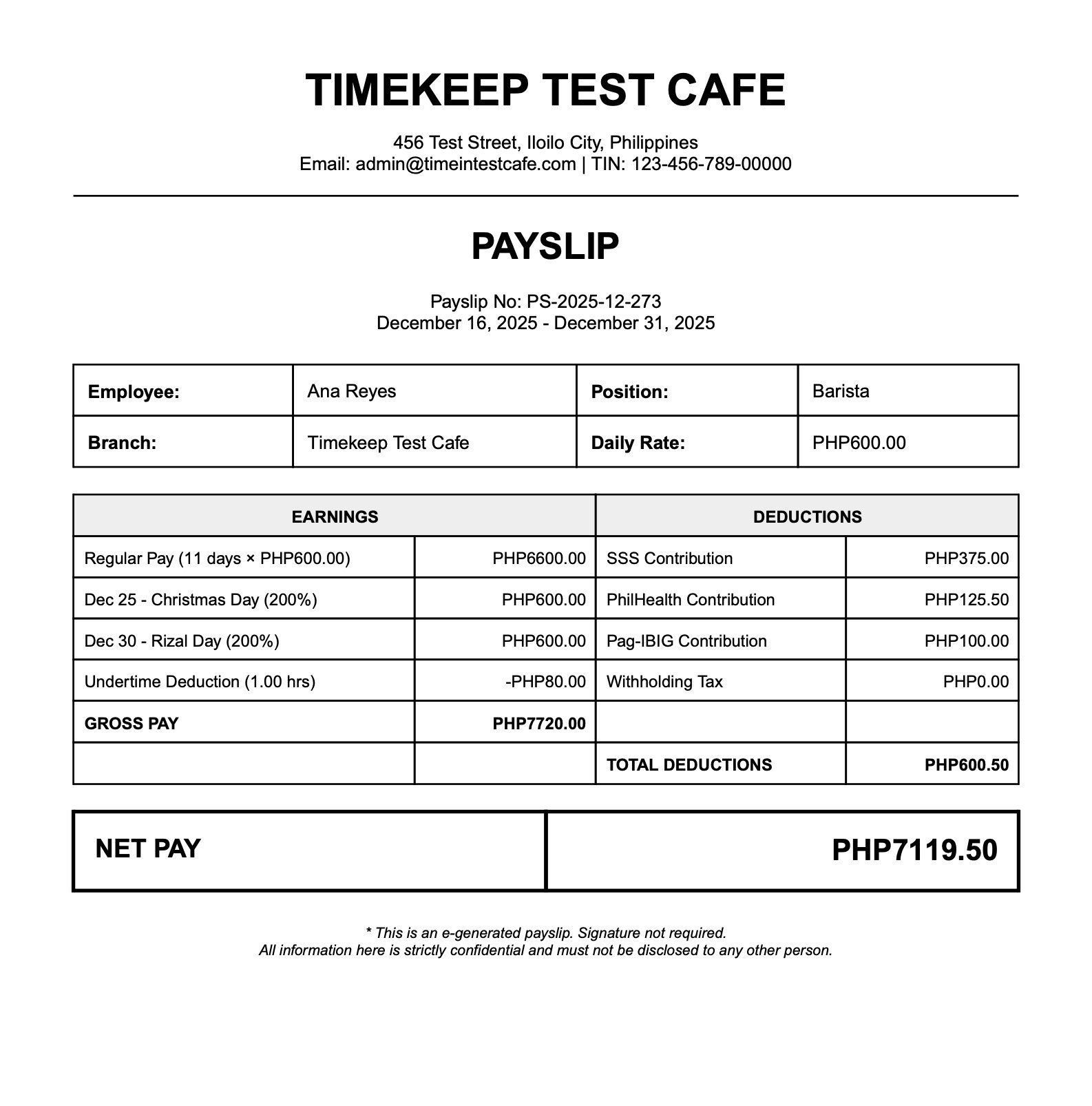 Professional payslip PDF showing itemized holiday pay for Christmas Day and Rizal Day