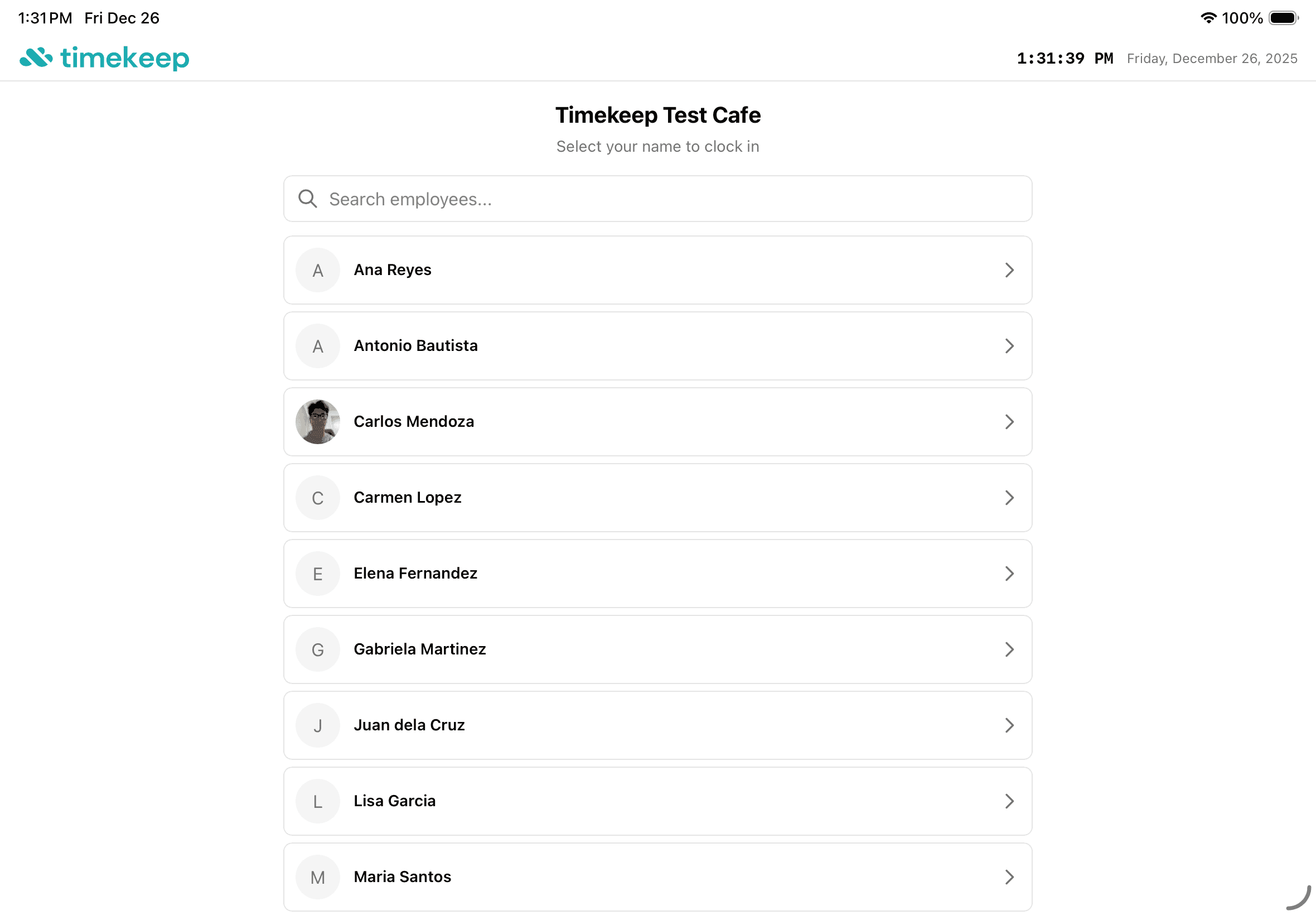 Kiosk employee selection screen showing staff list with photos