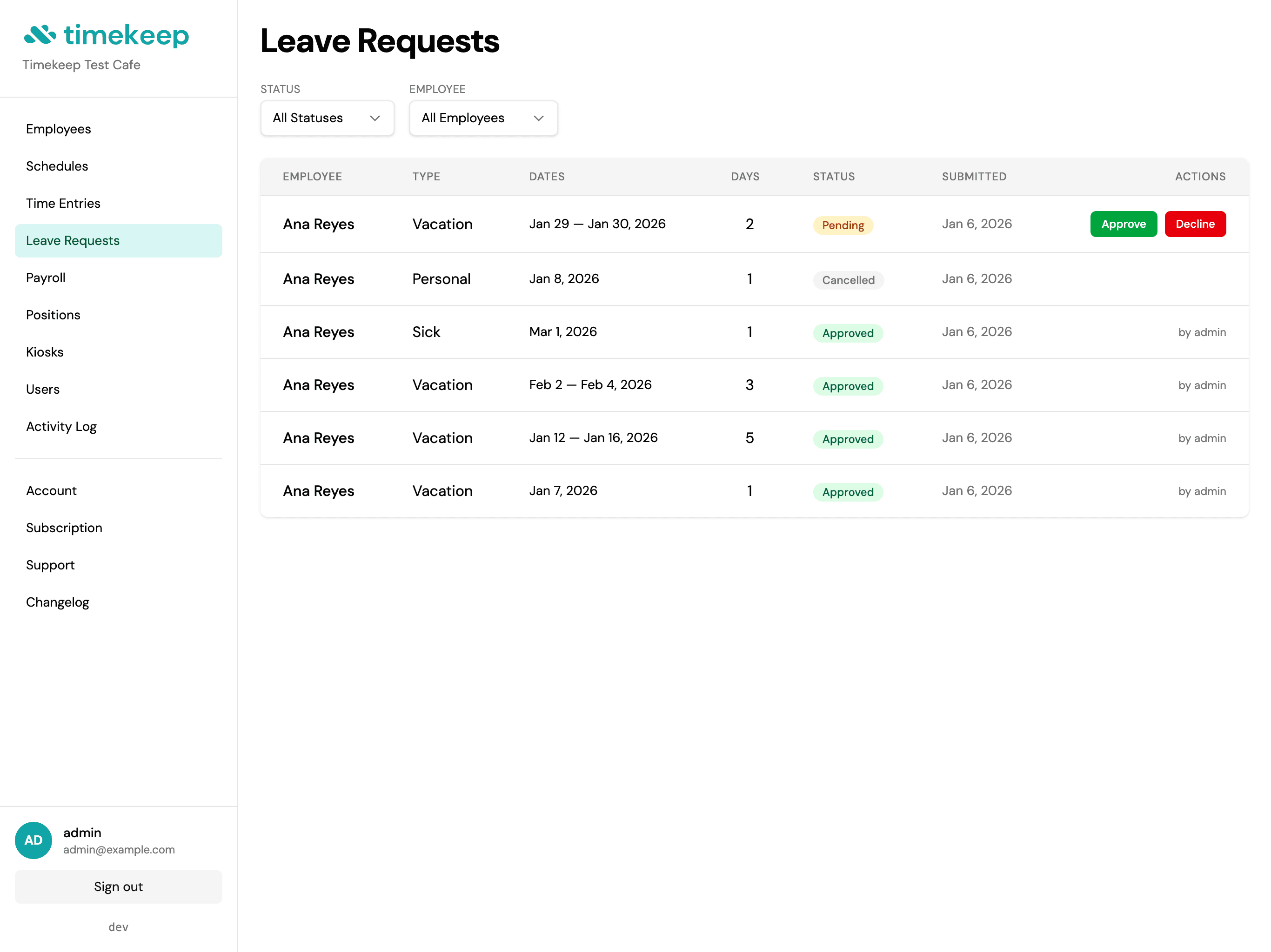 Admin leave requests dashboard